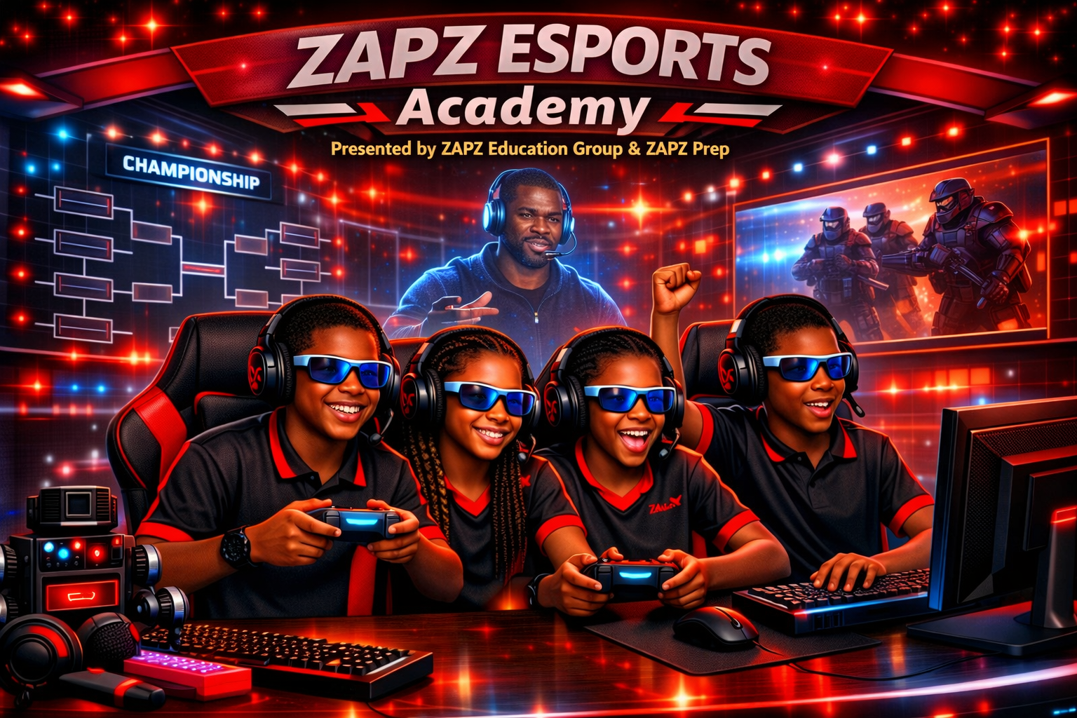 Kids playing esports in a virtual gaming academy